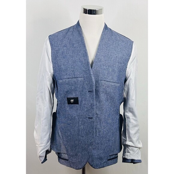 H&M 44R Slim Fit Chambray Sport Coat Elbow Patches Blue Cotton Two Button Vented - Picture 7 of 8